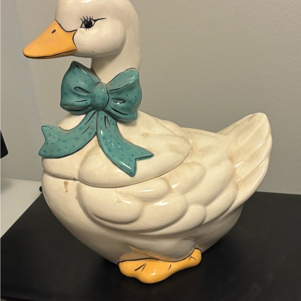 Charming 1970 - 1980’s Ceramic Duck Cookie Jar with Teal Bow